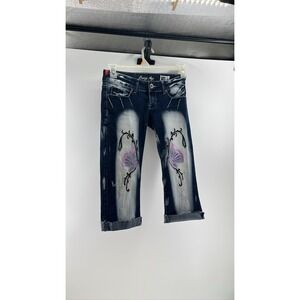Y2K Women's Capri Jeans Butterfly Embroidered Faded Denim Size 38 28 Crazy Age